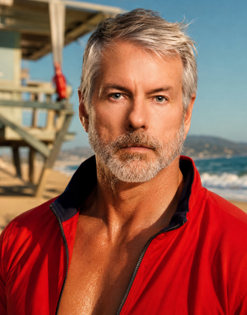 A gray-haired, bearded man wearing an open red jacket stands on a beach with a lifeguard tower in the background under a clear blue sky.