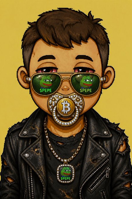 A cartoon character wearing a black leather jacket, a Bitcoin-emblazoned pacifier, and sunglasses reflecting the Pepe ($PEPE) meme.