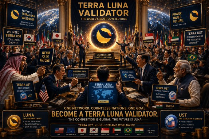 AI-generated promotional artwork titled 'TERRA LUNA VALIDATOR' depicting delegates from various countries competing to become validators for Luna and UST, with text 'ONE NETWORK. COUNTLESS COUNTRIES. ONE GOAL. BECOME A TERRA LUNA VALIDATOR. THE COMPETITION IS GLOBAL. THE FUTURE IS LUNA.'