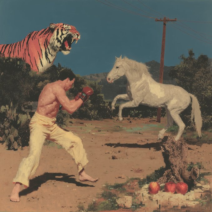 The image features a man wearing yellow pants, holding boxing gloves, and standing next to an apple tree with apples hanging from its branches. The scene also includes a tiger statue and a horse statue, creating a unique and interesting composition that captures attention. The image is related to the post "Thank you @OGDSZN for collecting from the XXVI collection on Tezos" as it appears to be part of an art project or exhibition where various objects are displayed together in a creative manner.