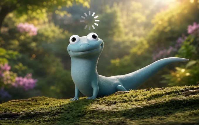 A 3D-rendered cartoon blue lizard or salamander with large bulging eyes sitting on a moss-covered log in a sunlit forest setting with pink flowers, with a loading spinner icon visible at the top.