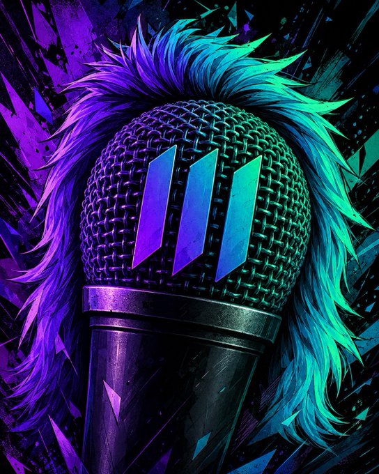 A stylized, vibrant artwork of a vintage microphone featuring purple and teal hair-like elements and a blue glowing logo, set against a dark, shattered background.