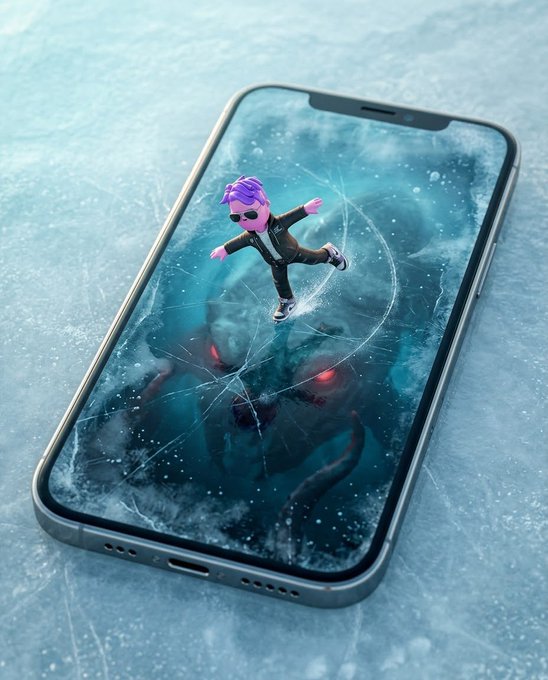 A smartphone lying on cracked ice displays a cracked screen showing a purple-haired character in a suit running from a shadowy, red-eyed monster emerging from beneath the ice.