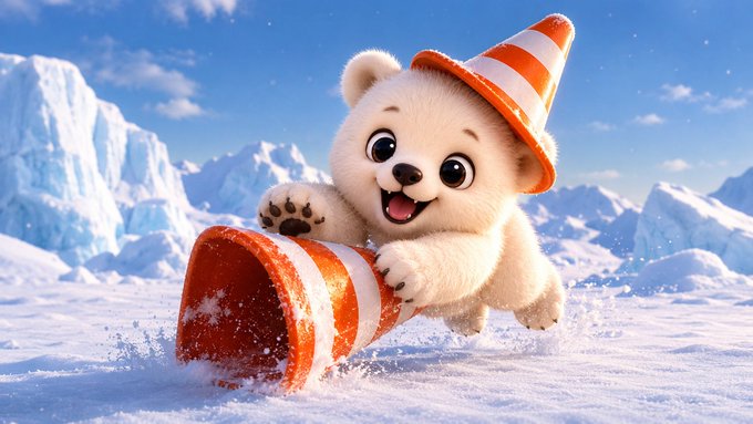 A cute polar bear cub wearing an orange and white striped traffic cone on its head and playing with another traffic cone in a snowy, icy landscape.
