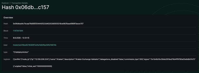 A blockchain explorer transaction details page showing a Hash 0x06db...c157 from Block 1145187284, timestamp 9.9.2026 - 12:31:15, involving a 'CValidationAction' validator named 'Kraken' with a profile key.