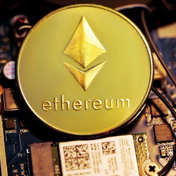 The image features a small golden coin with an "Ethereum" logo on its surface, situated above some electronic equipment. There are additional text descriptions placed in the foreground that read "LATEST: A wallet linked to Ethereum co-founder Joseph Lubin moved 110,000ETH into Sky vaults as extra collateral against $259M in DAI debt", and "focus on what is in the image and how it relates to the post". The focus of this image appears to be on the relationship between the coin, the electronic equipment, and the related Ethereum wallet.