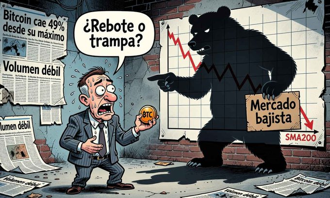 A Spanish-language cartoon showing a businessman with a Bitcoin coin asking "¿Rebote o trampa?" alongside a bear figure, with headlines about Bitcoin falling 49% and "Mercado bajista."