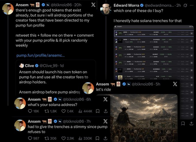 The image shows a collage of tweets from crypto influencer Ansem (@blknoiz06), including one where he offers to airdrop portions of his creator fees to people who retweet and comment with their pump.fun profile, and another from Edward Morra (@edwardmorra_) showing a list of "The Black Sui" tokens on Solana with the comment "I honestly hate solana trenches for that." The tweets relate to the post by illustrating Ansem's actual response to Clive's suggestion about using pump.fun creator fees for holder airdrops.