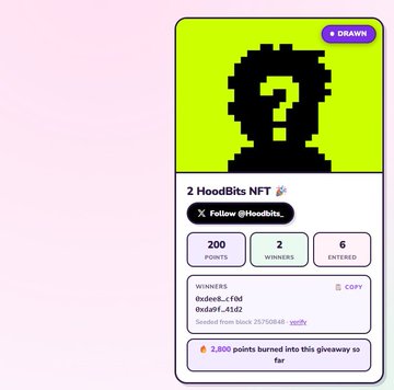 Giveaway/gacha screen showing a pixelated character with a question mark, labeled '2 HoodBits NFT' with 200 points, 2 winners, and 6 entered, requiring 2,800 points.