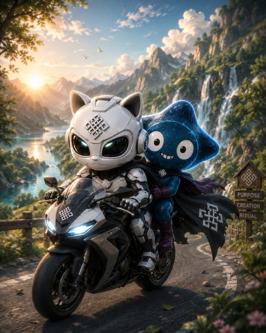 A digital artwork depicting a futuristic armored cat-rider on a motorcycle with a blue star-shaped companion wearing a cape, set against a scenic mountain landscape with a sign reading 'PURPOSE CREATION RITUAL'.