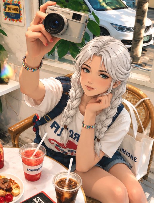 An anime-style illustration of a silver-haired girl with twin braids taking a selfie with a silver digital camera while sitting at a cafe table with iced drinks and a dessert.