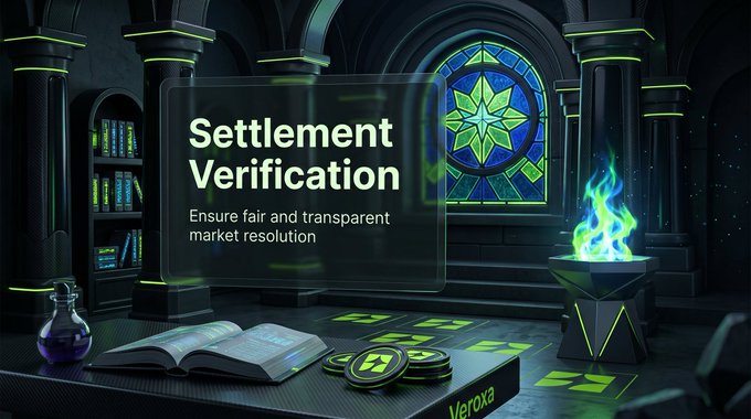 A dark fantasy-themed promotional image for 'Veroxa' showing 'Settlement Verification - Ensure fair and transparent market resolution,' with a magical chamber, glowing green flame, spellbook, and branded coins.