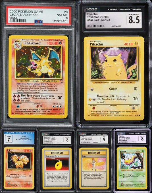 A collection of professionally graded Pokémon trading cards featuring a PSA 8 Base II Holo Charizard #4, a CGC 8.5 Pikachu (1999) Base Set, and four CGC-graded cards including Vulpix (7), Devolution Spray (8), Lass (9), and Weedle (8), showcasing the collector's progress toward building a complete Base Set.