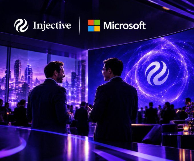 A promotional image showing the Injective and Microsoft logos side by side, with two businessmen conversing at an event with a city skyline and a glowing Injective logo in the background.