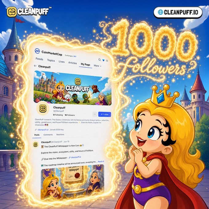 The image features a cartoon girl with blonde hair wearing a red cape, standing next to a large screen displaying a social media page that has crossed 1,000+ followers within 48 hours. The girl appears to be smiling as she looks at her phone or computer monitor. The background of the image is filled with stars and clouds, giving it an otherworldly feel. The post includes text such as "Hello, Royal Realm! We have crossed ..." and "A huge thank you to every Puff and Guardian supporting the growth of our realm: coinmarketcap.com/community/prof #cleanpuff".