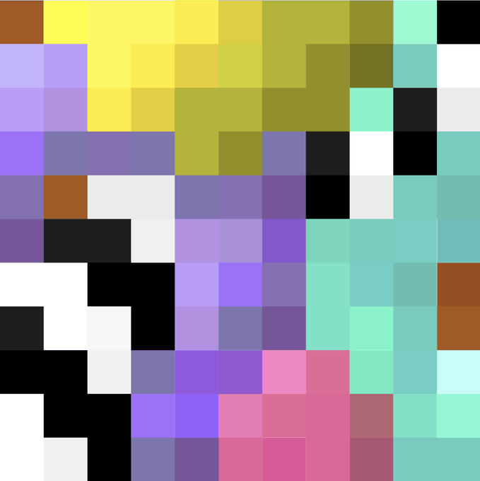 An abstract pixelated image composed of solid colored squares in shades of yellow, purple, black, white, pink, and teal.