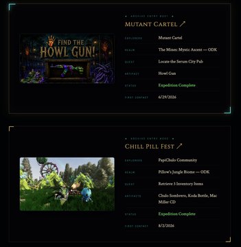 Two event recap panels for 'Mutant Cartel' (finding the Howl Gun!) and 'Chill Pill Fest,' listing sponsors and noting the events' completion in August 2026.