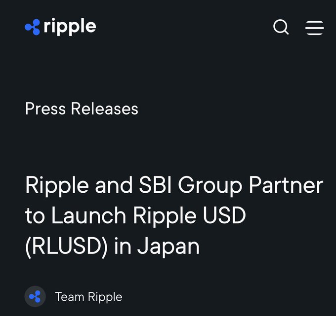 A press release page from Ripple's website announcing the headline "Ripple and SBI Group Partner to Launch Ripple USD (RLUSD) in Japan," attributed to Team Ripple, corresponding to the announcement of RLUSD's official launch in Japan following JFSA approval via SBI VC Trade.