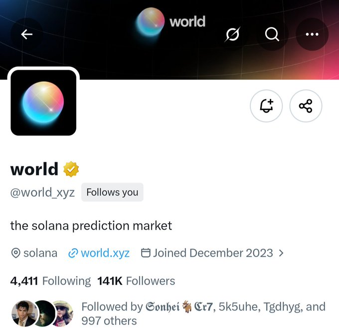 Screenshot of a Twitter/X profile for "world" (@world_xyz), described as "the solana prediction market" with 4,411 Following and 141K Followers, joined December 2023.