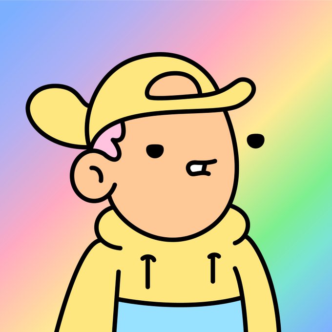 A cartoon doodle-style character with a yellow cap and hoodie looks unimpressed, perfectly capturing the casual "I'm a Doodles fan. That's it. That's the tweet." sentiment with its deadpan expression against a pastel rainbow background.