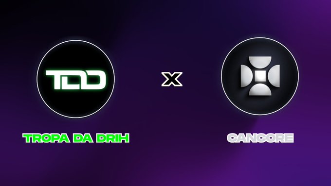 A promotional graphic on a dark purple background featuring two circular logos side by side with an 'X' between them: 'TDD' / 'TROPA DA BRIH' on the left and 'SANGORE' on the right.