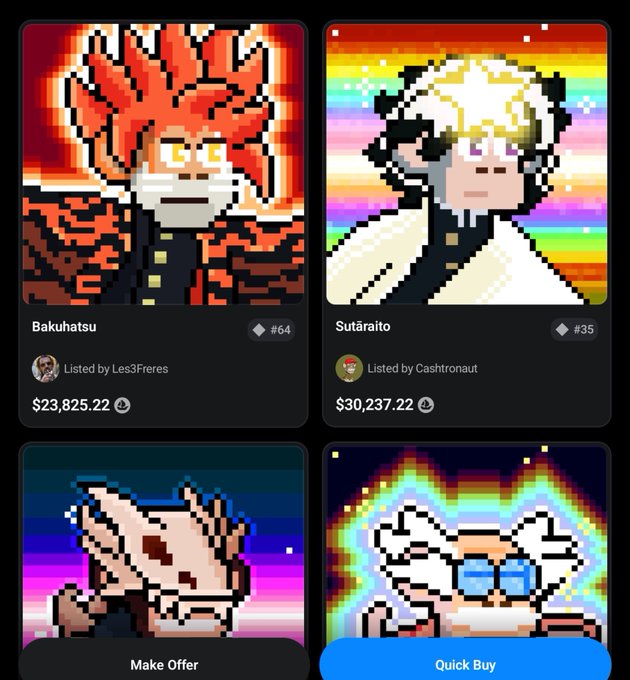 A grid of four pixel art NFT characters named 'Bakuhatsu' and 'Sutāraito' listed for over $20,000 and $30,000, with 'Make Offer' and 'Quick Buy' buttons visible.
