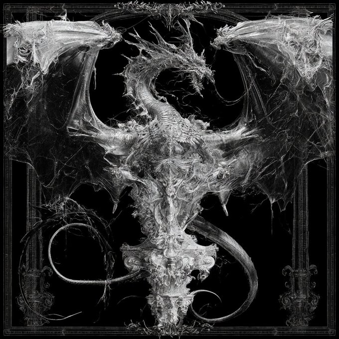 A detailed black-and-white illustration of a skeletal dragon with outstretched wings, surrounded by ornate gothic pillars.
