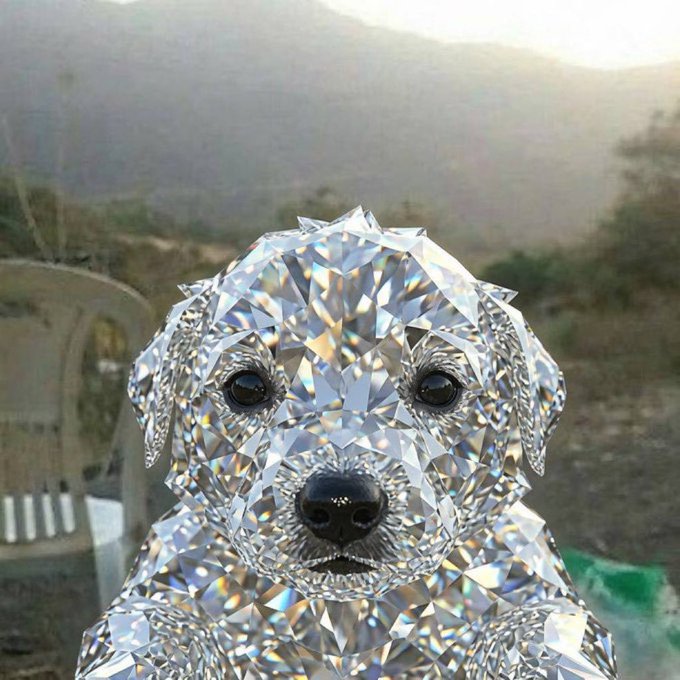 A 3D render of a puppy made entirely of crystal/diamond facets with dark eyes and nose, set against a misty mountain landscape background.