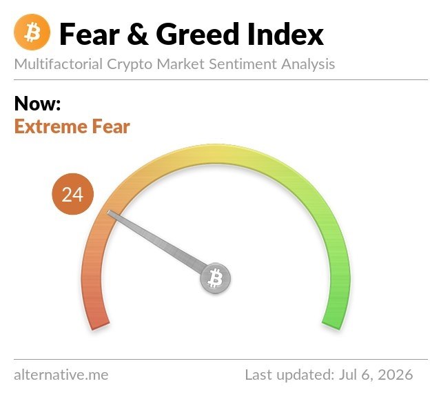 The image displays the Alternative.me Crypto Fear & Greed Index gauge showing a score of **24**, labeled "Extreme Fear," with the needle pointing toward the red/orange (fear) zone of the semicircular meter. The header reads "Fear & Greed Index — Multifactorial Crypto Market Sentiment Analysis," and the date stamp shows "Last updated: Jul 6, 2026." This visually confirms the post's claim that $BTC sentiment has plunged into extreme fear territory.