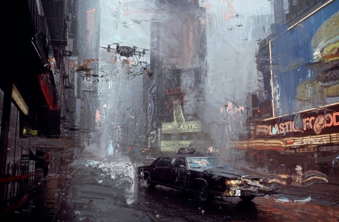 A cyberpunk-style digital painting of a dark, rainy futuristic city street at night, featuring neon signs (including 'PLASTIC FOOD' and 'GAME HOUSE'), flying drones, and a car with its headlights on in the foreground.