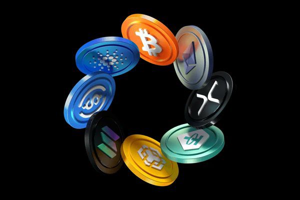 A circular arrangement of various cryptocurrency coins including Bitcoin, Ethereum, Cardano, and XRP floating against a black background.