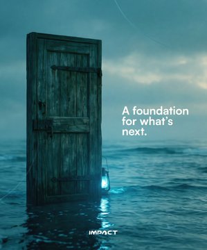 A moody, atmospheric image of a wooden door standing alone in the middle of the ocean under a cloudy sky, with a lantern beside it and the text 'A foundation for what's next.' along with the 'IMPACT' logo.
