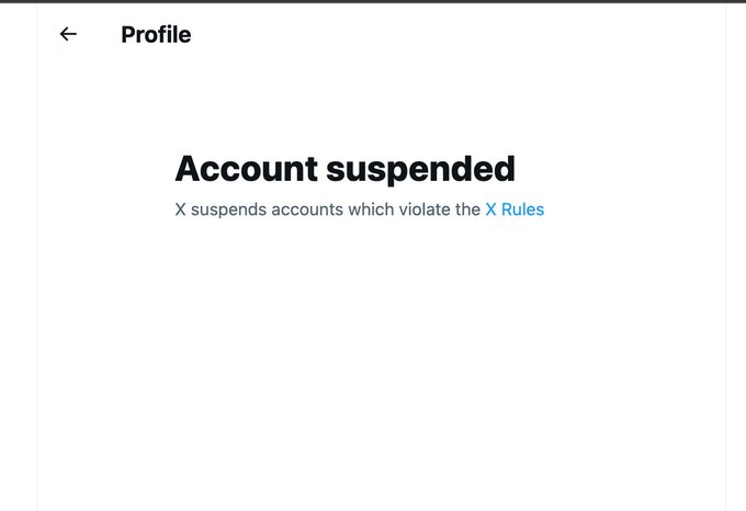An X (Twitter) account suspension notice reading 'Account suspended' with the message 'X suspends accounts which violate the X Rules'.