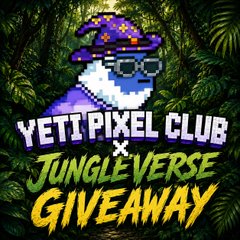 A pixel art yeti wearing a purple cap and sunglasses in a jungle setting, promoting a "Yeti Pixel Club x Jungle Verse Giveaway."