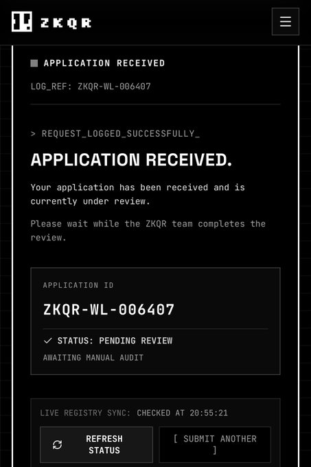A ZKQR application status page showing 'APPLICATION RECEIVED' with log reference ZKQR-WL-006407 and status 'PENDING REVIEW - AWAITING MANUAL AUDIT'.
