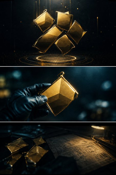 The image features a gold token with a diamond shape, which is described as "real gold" and "not an ordinary token; it is real gold." It is placed on a table surrounded by other objects such as a book and a candle. The image also includes three different photos of the same gold token in various positions: one being held up to the camera, another positioned horizontally across the frame, and the third vertically. These images are part of a larger post that provides information about the token's unique properties and its association with the $GFIN allocation system.