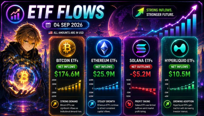 The image is a vibrant infographic titled "ETF FLOWS" dated 04 Sep 2026, with the tagline "STRONG INFLOWS, STRONGER FUTURE" and notes that all amounts are in USD, perfectly visualizing the accompanying post's data by displaying four panels with mini-charts showing Bitcoin ETFs at $174.6M net inflows, Ethereum ETFs at $25.9M net inflows, Solana ETFs with -$5.2M net outflows, and Hyperliquid ETFs at $10.5M net inflows, alongside an anime-style character holding a glowing Bitcoin orb against a cosmic backdrop.