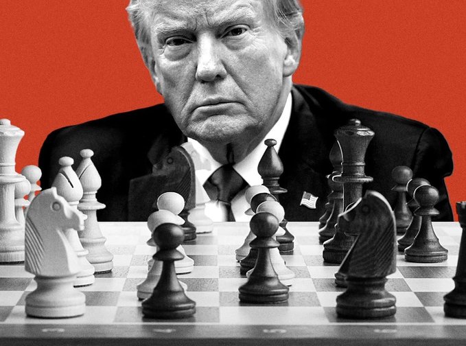 A black and white image of Donald Trump in a suit is composited with him looking down at a chessboard set against a red background, with white and black pieces arranged mid-game.