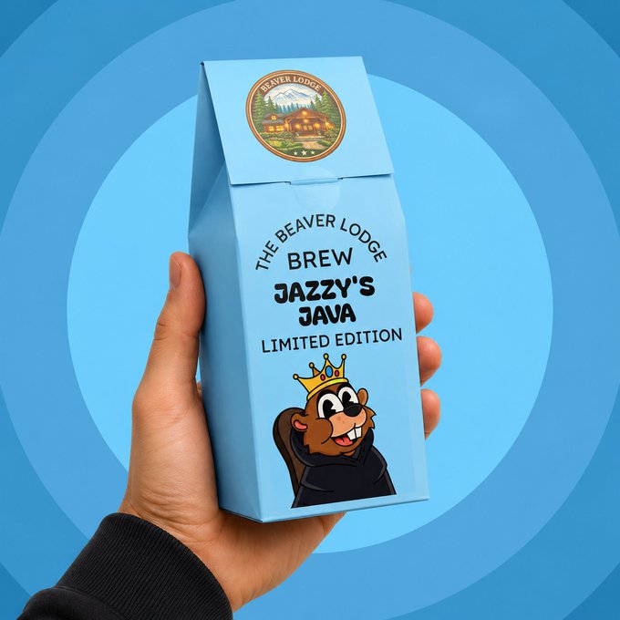 The image features a hand holding up a blue box with a cartoon brown bear wearing a crown, which has "jazminhf4w" written on it. The text on the box reads "Drank my first cup of coffee by @jazminhf4w this morning. Perfect way to celebrate Franky Friday! Support your web3 friends wherever you can!".