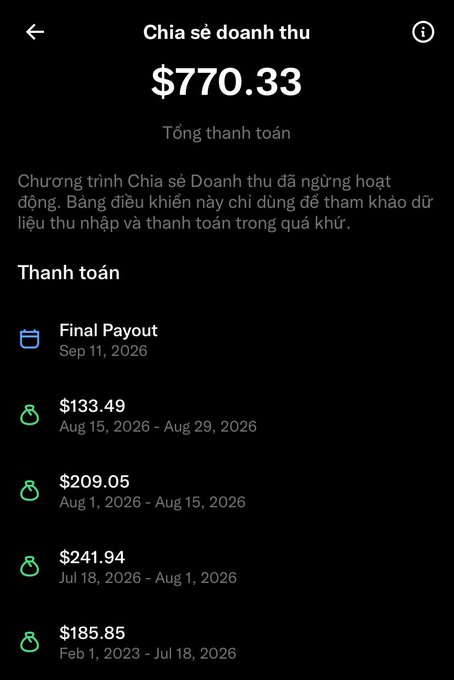 A mobile app screen in Vietnamese titled 'Chia sẻ doanh thu' (Revenue Sharing) showing a total payment of $770.33, with a breakdown listing a Final Payout on Sep 11, 2026, and various historical earnings periods including $133.49, $209.05, $241.94, and $185.85.