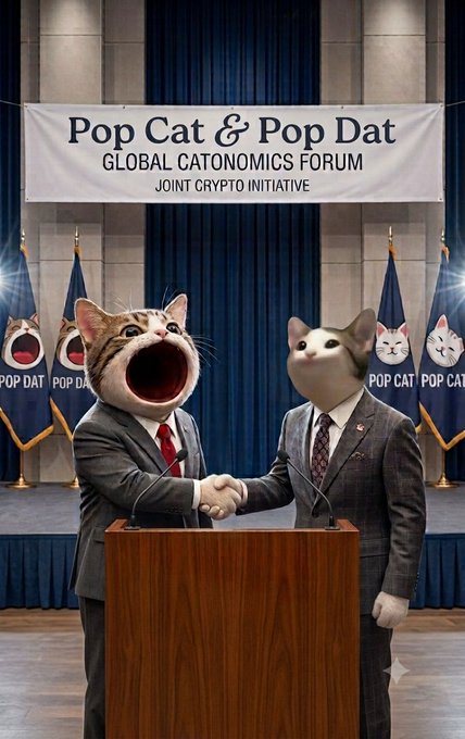 A surreal AI-generated image showing two cats wearing business suits shaking hands at a podium, with a banner reading 'Pop Cat & Pop Dat GLOBAL CATONOMICS FORUM JOINT CRYPTO INITIATIVE' in the background.