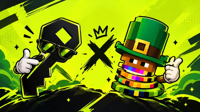 A vibrant green cartoon promotional image showing a black key character wearing sunglasses and a green-hatted leprechaun character made of coins with an "X" between them.