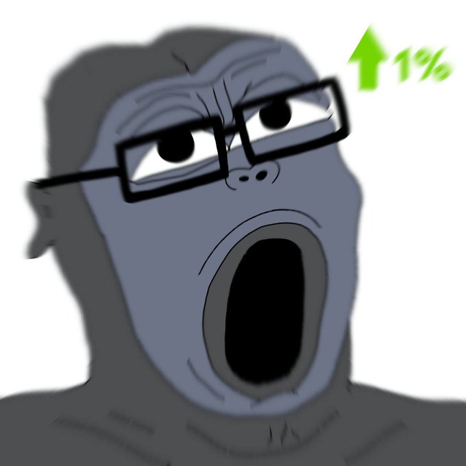 A grey cartoon figure with glasses and an exaggerated wide-open mouth appears in shock or excitement, accompanied by a green upward arrow labeled "1%." The image humorously conveys enthusiastic surprise at the small gain in $USDC, playing on the contrast between the figure's intense reaction and the minimal 1% increase referenced in the post.