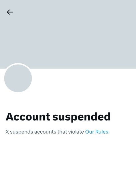 A screenshot of an 'Account suspended' notice from X, stating 'X suspends accounts that violate Our Rules.' with a default profile icon.