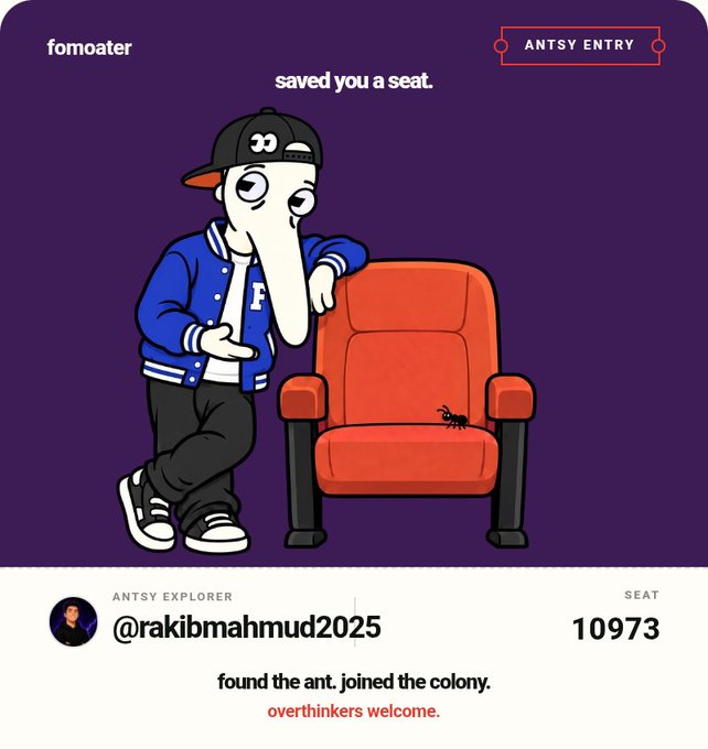An illustration from 'fomoater' featuring an elephant character in a varsity jacket leaning on an orange chair with 'saved you a seat' text, along with the username '@rakibmahmud2025' and seat number '10973'.