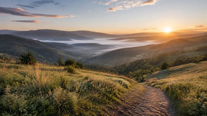 A scenic landscape photograph at sunrise showing a dirt path winding through grassy rolling hills, with a valley below filled with mist and a bright sun glowing on the horizon.