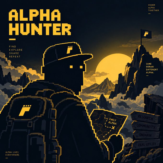 A pixel-art style illustration titled "ALPHA HUNTER" with the words "FIND, EXPLORE, SHARE, REPEAT" features a hooded figure holding a map marked "EARLY ALPHA" against a moonlit mountain landscape, alongside text promoting "BITFOOT" themes like "HIGHER ALPHA TOGETHER" and "SAME HUMAN DIFFERENT ALPHA."

The image directly ties to the post's call to action about joining the "hunt" for alpha, with the explorer figure, map, and "ALPHA HUNTER" branding visually representing the author's participation in the BITFOOT community's alpha-seeking mission.