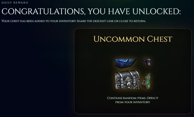 A 'Daily Reward' screen announcing 'CONGRATULATIONS, YOU HAVE UNLOCKED: Uncommon Chest' containing random items to be opened from the inventory.