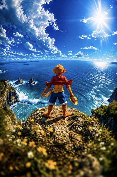 A whimsical figurine of a character in a red shirt and blue shorts standing on a cliff edge overlooking a vast blue ocean under a sunny sky with scattered clouds.