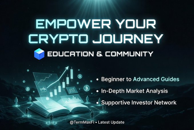 A promotional graphic for @TermMaxFi titled "EMPOWER YOUR CRYPTO JOURNEY" highlights the platform's education and community focus, featuring a glowing book with rising candlestick charts and icons of Bitcoin and Ethereum. The key offerings listed include Beginner to Advanced Guides, In-Depth Market Analysis, and a Supportive Investor Network, reinforcing the post's emphasis on accessible crypto learning resources.